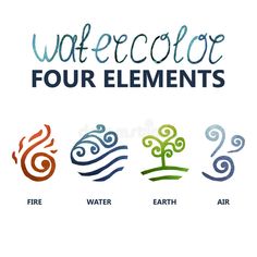 watercolor four elements logo set with tree, fire, earth and air on white background