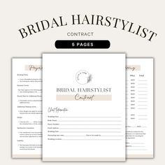 the bridal hair stylist contract form is shown in three different colors and sizes