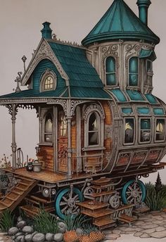 a drawing of a train car with a house on it