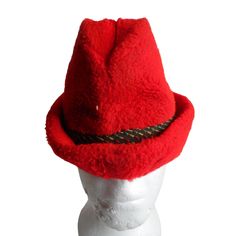 Very cool Vintage  Bright red / black  hat - somewhere between Tyrolean or  alpine Fedora like style w/ ear flaps Estate find - so true vintage -  reminds me of the hats men wore in old sonja henney skating movies! no  material or brand  tag a faux fur kind of material Sz S Preowned -  has some light discoloration on edges likely from age and storage, alos looks like there was a feather on the side at one point, but now is gone with only remants left. Still super cool Vintage Red Outdoor Hat, Vintage Red 5-panel Hat, Novelty Red Winter Hat, Warm Red Hat, One Size, Red Fedora With Curved Brim, One Size, Cool Vintage, Brand Tags, Bright Red, Christmas Deals