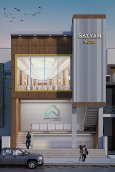 an artist's rendering of the exterior of a building with stairs and people standing outside