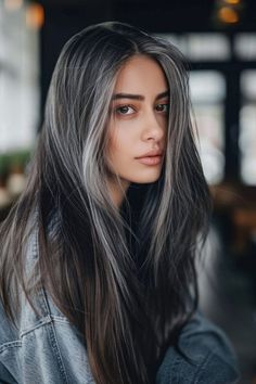 Dark Brown With Gray Highlights, Platinum Blonde Streaks On Dark Hair, Grown Out Grey Hair, Highlights To Cover Gray Hair Black, Black Gray Hair Color, Gray Hair Color Ideas For Brunettes, Dark Brown Hair Silver Highlights, Grey Blending Black Hair, Dark Brown With Grey Highlights