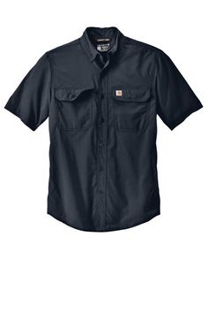 You can't control the weather, so you might as well dress for it. With a sun-smart UPF 50+ rating, this quick-drying, lightweight, woven shirt sheds sweat to regulate your body temperature in a range of conditions. 2.9-ounce, 71/29 poly/nylon chambray FastDry® technology keeps you cool for all-day comfort Rugged Flex® technology for ease of movement UPF 50+ Button-down collar Back yoke shoulder pleats for ease of movement Two chest pockets with pen stalls, mitered flaps and button closures Carhartt label sewn on left chest pocket Relaxed fit EMBROIDERY DETAILS ADD YOUR LOGO - NEW LOGO - upload a vector file of your logo (.pdf, .eps, .svg) * NEW LOGOS require a one time $25 setup fee, your logo will be on file to use on all future orders! PERSONALIZE YOUR SHIRT - GREAT FOR GIFTS!!! Add a mo Black Casual Top For Outdoor Work, Casual Black Top For Outdoor Work, Fitted Short Sleeve Tops For Outdoor, Casual Durable Shirt For Outdoor, Casual Moisture-wicking Tops For Work, Functional Short Sleeve Cotton Shirt, Moisture-wicking Cotton Shirt For Outdoor Activities, Casual Outdoor Shirt With Moisture-wicking, Fitted Cotton Outdoor Shirt