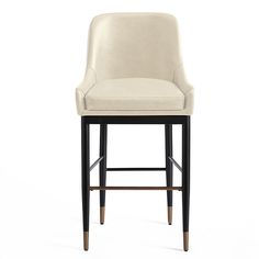 an upholstered bar stool with black legs and a beige leather seat, viewed from the front