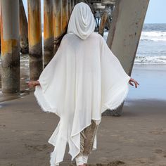 "Soft and gentle beautiful white shawl will serve you as a wonderful ritual robe or kimono. It is handmade from an upcycled pure white cotton knits fabric. We made it in two option: plain kimono and hooded kimono style. Both styles look great and can be wrapped around the body for the meditation, silent sitting, sound and ceremony journeys. The source of fabric was limited and only a few pieces are being made from it. Material: upcycled poly/cotton knits. This fabric is very soft. It stretches a Summer Looks For Men, Plain Kimono, Hooded Kimono, White Yoga Pants, Silk Summer Dress, Lace Bridal Robe, Festival Clothes, Festival Costume, White Shawl