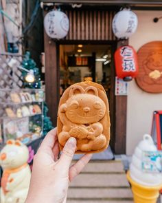 a person holding up a pastry shaped like a cat