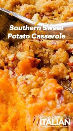 southern sweet potato casserole is shown with a serving spoon