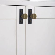 a close up of two door handles on a white cabinet