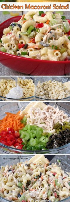 four pictures show different types of pasta salad