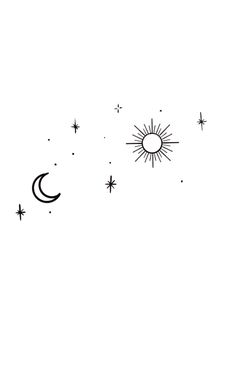 a black and white photo of the sky with stars, moon and sun in it