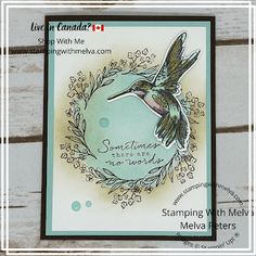 a card with a hummingbird on it and the words, stamping with melva beers