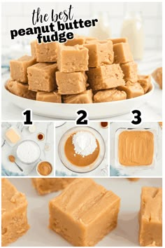 the steps to making peanut butter fudges are shown in three different pictures, including two