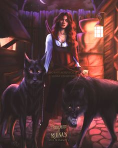 a woman standing next to two black wolfs in front of a building at night