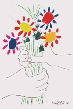 a drawing of flowers in a vase being held by two hands