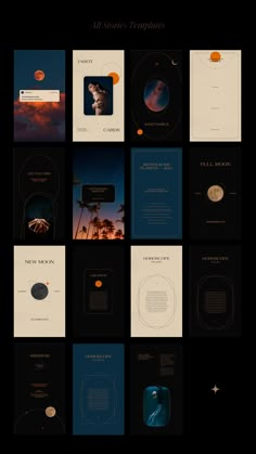 an array of brochures with different images and text on them, all in black