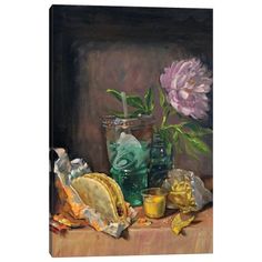 a painting of food and flowers in a glass vase on a table with other items