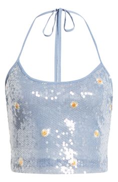 Sparkly, iridescent sequins and floral embroidery add dance-floor-ready charm to this flirty crop top hung from cute halter ties. 10" center front length (size Medium) Exclusive retailer Ties at neck Halter neck Lined 100% polyester Hand wash, dry flat Imported Sequin Halter, Halter Crop Top, Dance Floor, Fashion Tops, Cute Tops, Halter Neck, Floral Embroidery, Blue And Silver, Sequin