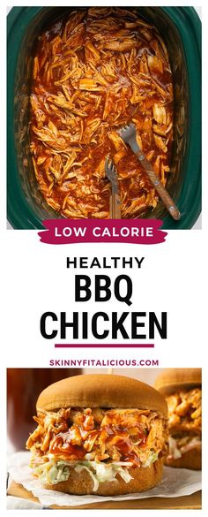 the healthy bbq chicken sandwich is in a green casserole dish and on top of