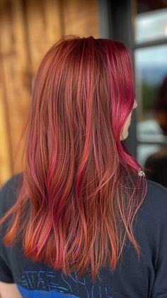 21 Gorgeous Hair Color Ideas for Redhead Mahogany Tones Auburn Hair Pink Highlights, Red With Pink Highlights, Pink Highlights In Red Hair, Red Hair Pink Highlights, Red Hair With Pink Highlights, Eggplant Hair, Copper Hair Dark, Magenta Hair, Red Curly Hair