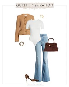 LTK Conference Outfit Inspiration | midsize style | fall business casual | workwear outfit | tweed caramel jacket | white bodysuit | light wash wide leg jeans | brown suede bag | gold earrings | animal print pumps Brown Bodysuit Outfit, Light Wash Wide Leg Jeans, Brown Suede Bag, Fall Business Casual, Suede Jacket Outfit, Conference Outfit, Fall Business, Business Casual Fall, Brown Bodysuit