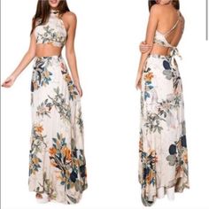 Tropical 2 Piece Set Tropical Floral And Leaf Print Long Maxi Skirt With Side Zipper Crop Top With Criss Cross Straps And Tie In The Back **Not Double Lined - Just Single Material** Maxi Skirt Crop Top, Bauchfreies Top, Long Crop Top, Langer Rock, Elegante Casual, Long Maxi Skirts, Outfit Trends, Maxi Robes, Mode Inspiration