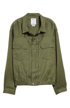 A rich olive hue and diamond-shaped snaps bring a fresh look to a staple trucker jacket that continues VISVIM's legacy of elevated wardrobe classics. Front snap closure Spread collar Snap cuffs Chest snap-flap patch pockets 64% linen, 36% wool Dry clean Made in Japan Designer Clothing Asian & Pacific Islander Owned/Founded Khaki Utility Jacket With Snap Buttons And Lapel Collar, Classic Collared Khaki Utility Jacket, Classic Khaki Shacket With Flap Pockets, Classic Green Utility Jacket For Work, Classic Olive Utility Jacket With Flap Pockets, Military Style Collared Utility Jacket, Military Style Collared Utility Jacket Single Breasted, Classic Olive Button-up Outerwear, Military Style Single Breasted Collared Utility Jacket