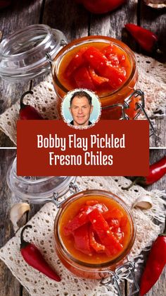 two jars filled with food sitting on top of a doily next to red peppers