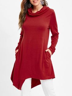 Cowl Neck Asymmetrical Pullover T Shirt - Red - 3H95463113 - Original Design-Women's Clothing  #OriginalDesignWomensClothing #Original #DesignWomen's #Clothing Minimalist Fashion Winter, Asymmetrical Shirt, Fashion Modest, Plus Size Fall Outfit, Trend Analysis, Fashion Minimalist, Minimalist Capsule Wardrobe, Teenage Fashion, Classy Fashion