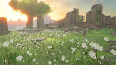 an image of a field with flowers in the foreground and ruins in the background