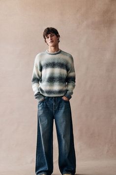 Ombre Crew Knit Men’s Knitted Jumper Outfit, Knit Sweater Men, Clothing Sweaters, Long Sleeve And Shorts, Blouse Jeans, Cargo Jacket, Relaxed Jeans, Sweater Men, Long Sleeve Knit Sweaters