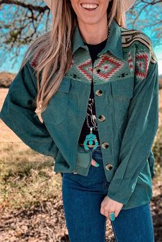 US$ 35.99 - Women Aztec Corduroy Shacket Jacket Long Sleeve Button Down With Pocket Top For Fall & Winter - www.zicopop.com Corduroy Shacket, Corduroy Top, Shape Matching, Off Shoulder Fashion, Jacket Long, Pocket Top, Corduroy Jacket, Winter Coats Jackets, Green Jacket