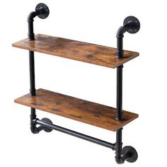 two wooden shelves with black pipe handles