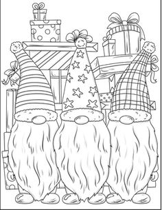 three gnomes with hats and gifts in front of a christmas tree coloring page for kids