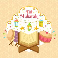 the eid mubarak greeting card with an open book and two small cakes