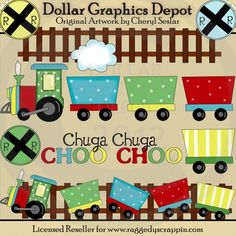 a train clipart with the words chuga chuga cho choo on it