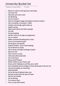 the university bucket list is shown in pink