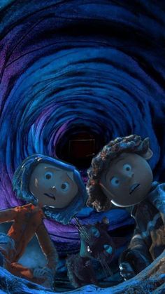 two cartoon characters are standing in front of a blue and purple tunnel with an orange light