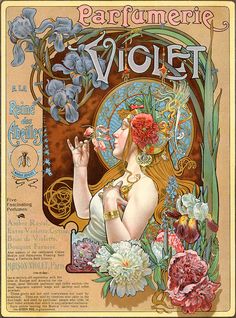 an advertisement for the perfume company, parfumerie volet with a woman holding a flower in her hand