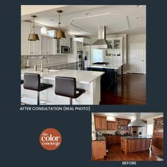 the before and after photos of a kitchen remodeling project in an open floor plan