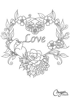 a heart shaped frame with flowers and birds on it that says love in the center