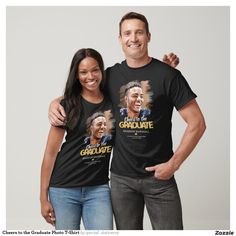 two people standing next to each other wearing t - shirts with the same image on them