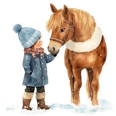 a watercolor painting of a little boy petting a brown horse in the snow