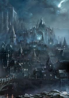 an image of a fantasy city at night