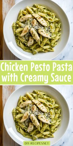 chicken pesto pasta with creamy sauce in two bowls