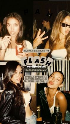 two beautiful young women sitting next to each other in front of a poster with the word flash written on it