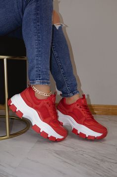 Step up your fashion game with Azuka Chunky Lace Up Sneakers. With a 2" heel and 1.5" platform, these sneakers provide the perfect amount of height and comfort. Slip them on with ease and secure your fit with the front lace up closure. The red and white color combo adds a pop of color to any outfit. Size & Fit Heel Height Approx: 2" Platform Height Approx: 1.5" Shoe Model Suggestion: True To Size Product Details Slip On Entry Front Lace Up Closure Lightly Padded Insole Back Pull Tab Lightweight Single Sole Heels, Shoe Model, Red Platform, Lace Up Sneakers, Ankle Strap Heels, Lace Up Heels, Wedge Boots, Color Combo, Platform Sneakers