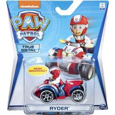 a toy motorcycle with a man riding on it's back in a packaging box