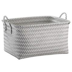 a gray and white basket with handles