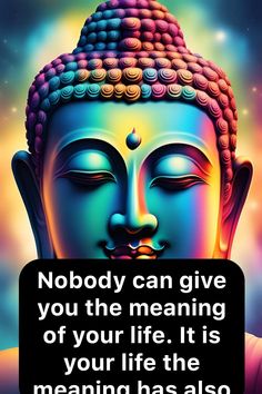 buddha quote about life and love on colorful background with rainbow light in the sky behind it