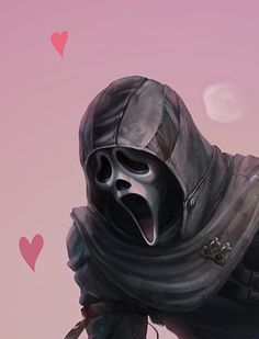 a person in a black mask and hood holding a knife with hearts on the background